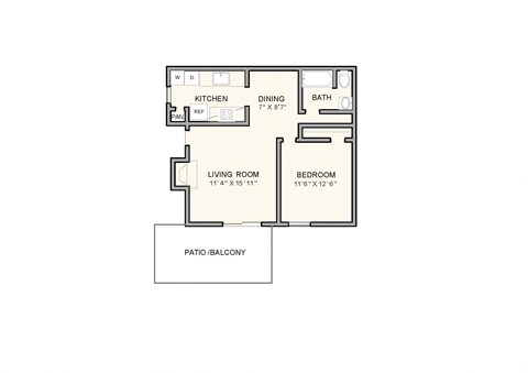 Floor plan for 1 bed, 1 bath, 755 sqft
